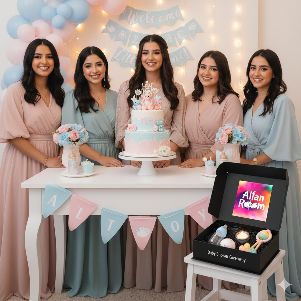 Five women posing with a cake and baby shower gift at a celebration.