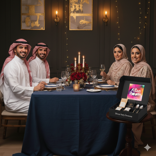 Group of people sitting around a dinner table with Alfan Room branding.