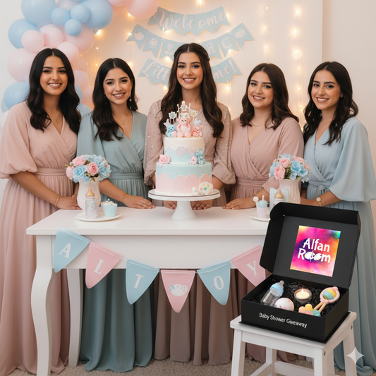 Five women posing with a cake and baby shower gift at a celebration.