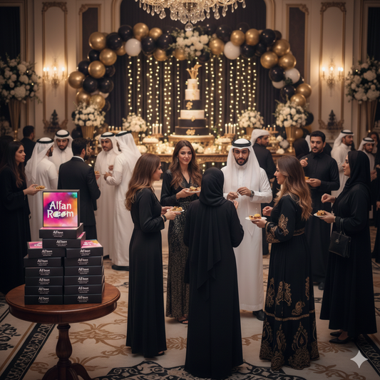 Diverse group of people gathered in a lavishly decorated room with a cake and balloons, featuring Alfan Rimi products.