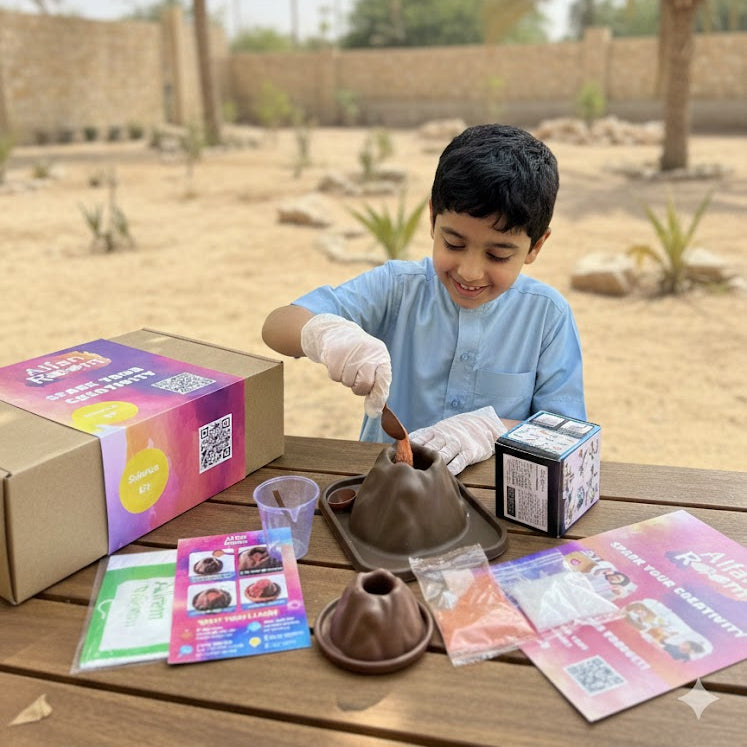 Child with clay pot and craft materials outdoors