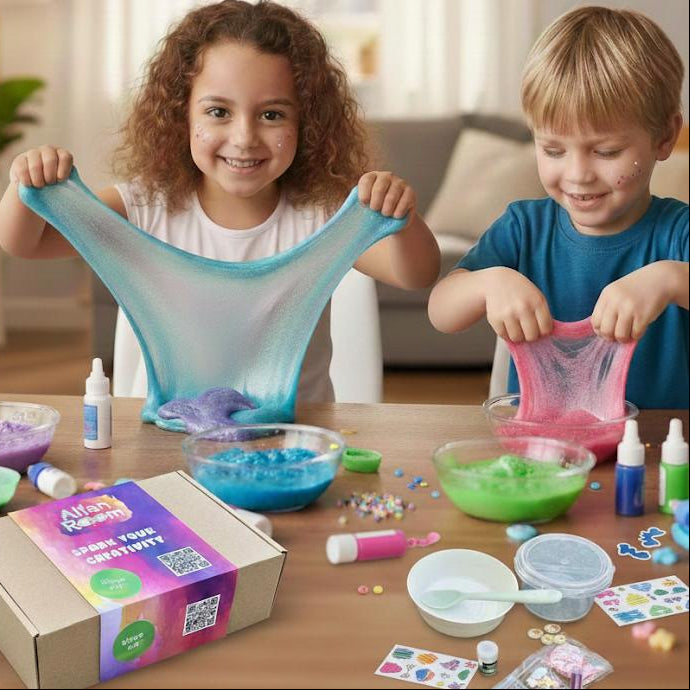 Two children playing with slime at a table in a living room.