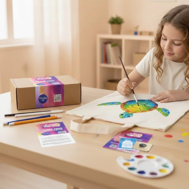 Child painting a colorful picture at a table with art supplies