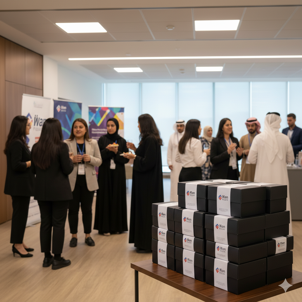 Group of people in a modern office setting with stacked boxes on a table.