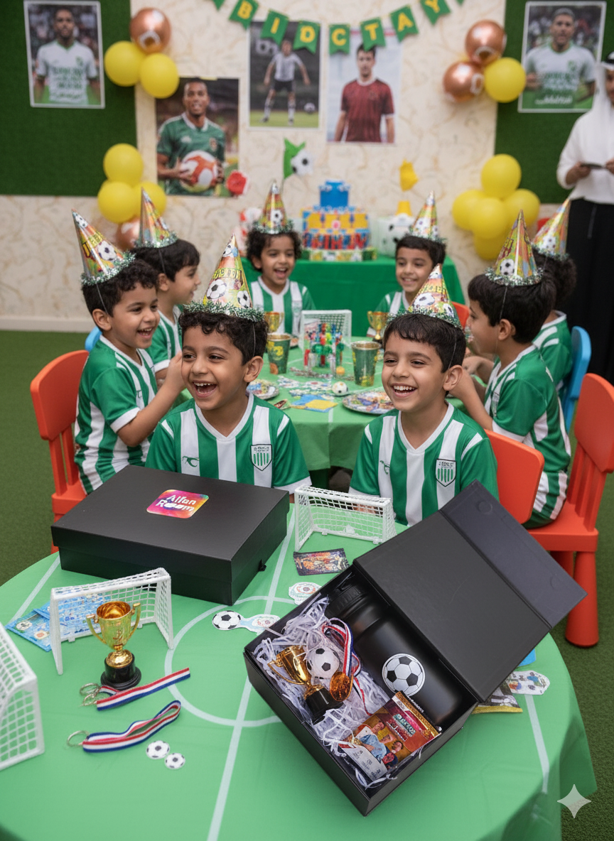 Children in sports jerseys at a birthday party with decorations and a sports-themed gift box.