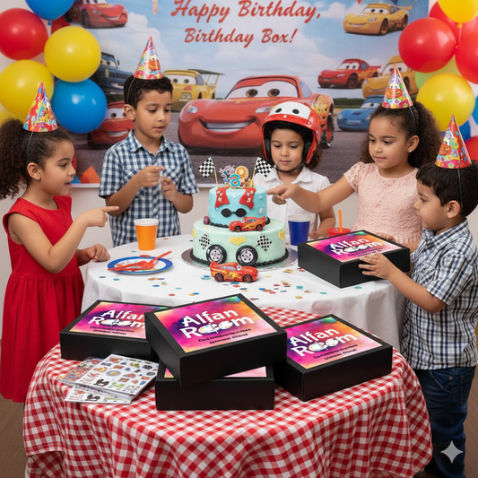 Children at a birthday party with a cake and gift boxes, featuring a 'Happy Birthday' banner and colorful balloons.