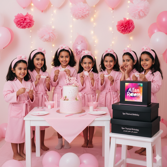Children in pink robes celebrating a birthday with balloons and a cake, featuring 'Alfan Room' branding.