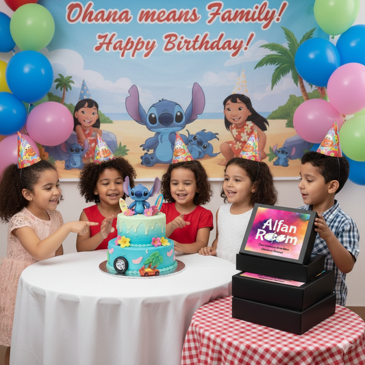 Children celebrating a birthday with a cake and decorations featuring cartoon characters, with 'Ohana means Family! Happy Birthday!' text.
